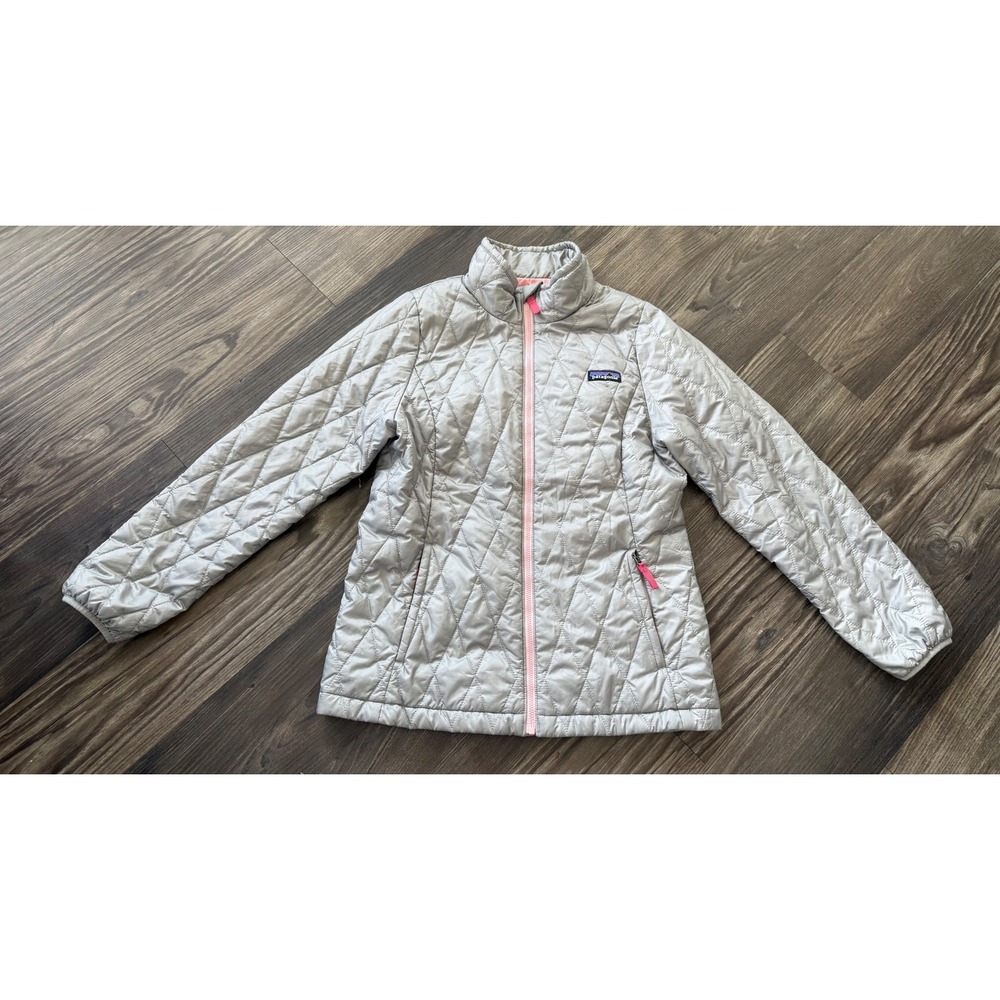 Patagonia Kids Nano Puff Quilted Jacket Coat Grey Pink Full Zip XL 14